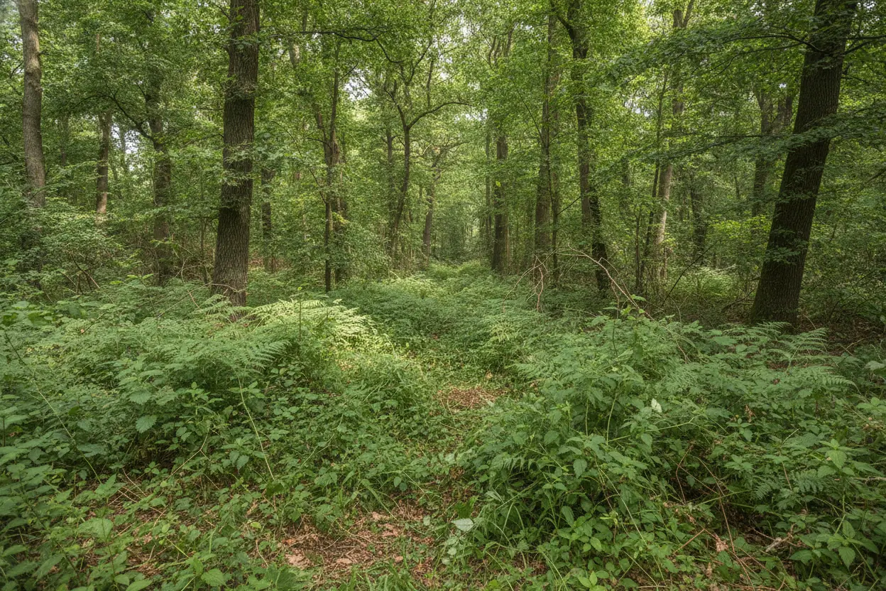 Sous-bois envahi de fougères et d'orties avant débroussaillage à Maulévrier