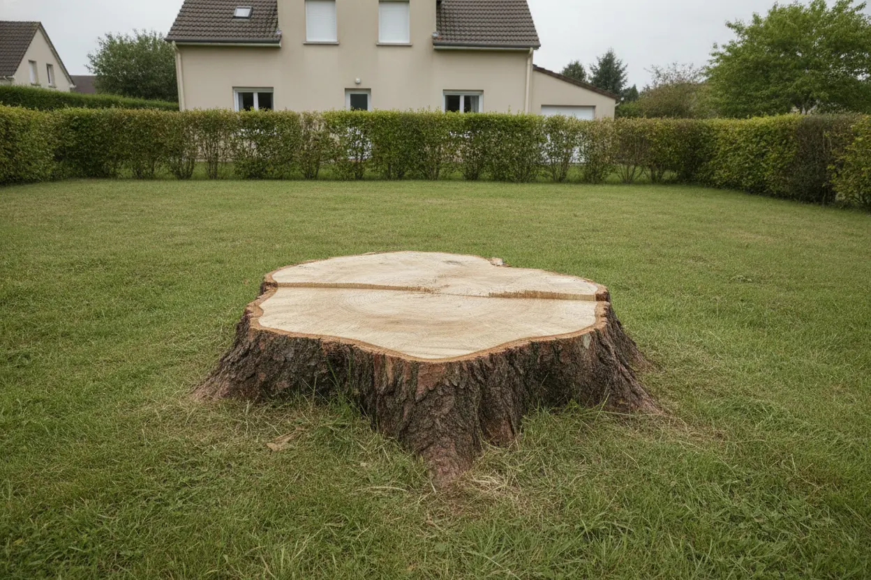 Grosse souche de conifère au milieu d'une pelouse avant dessouchage à Cholet