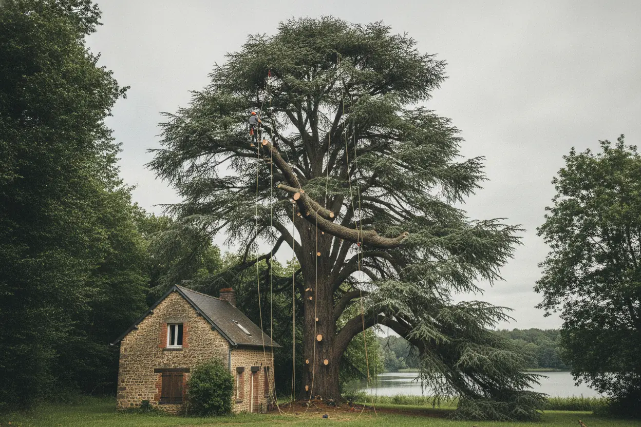 Grand cèdre élevé proche d'une habitation avant démontage technique près de Ribou