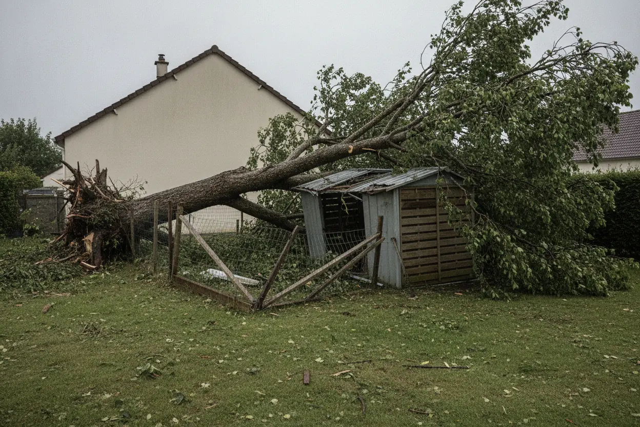 Arbre tombé sur une clôture après tempête avant intervention d'urgence à Cholet