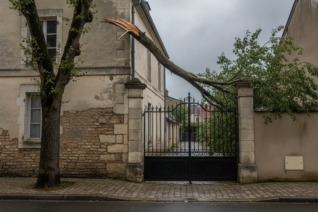 Grosse branche cassée suspendue au-dessus d'un portail avant intervention d'urgence à Mortagne-sur-Sèvre