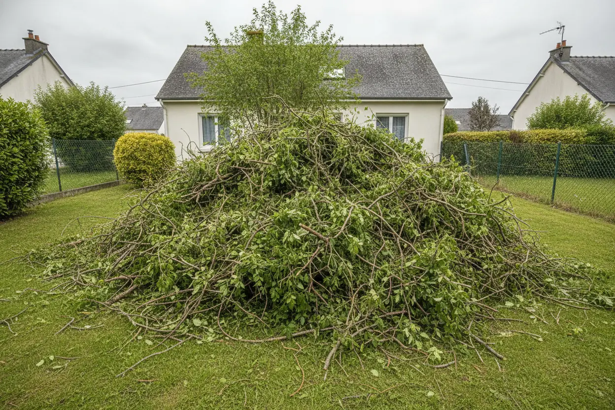 Gros tas de branchages encombrant la pelouse avant ramassage des déchets verts à Cholet