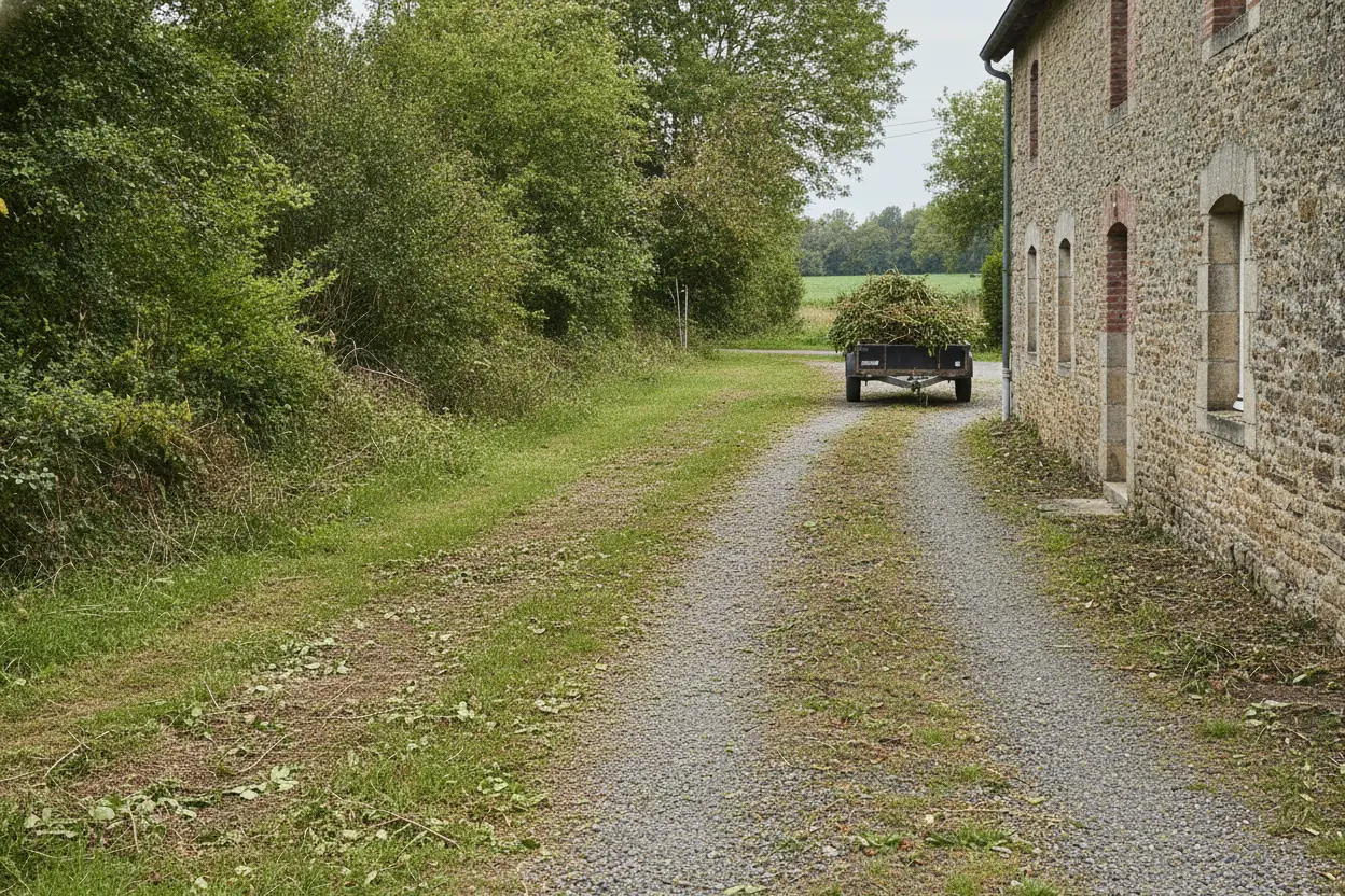 Allée nette et remorque chargée après évacuation des déchets verts à La Séguinière