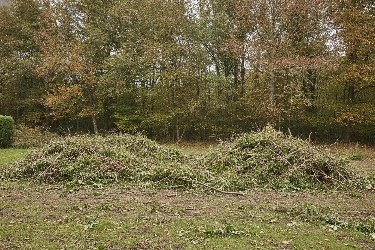 Débris d'élagage entassés en bord de terrain avant ramassage à Maulévrier