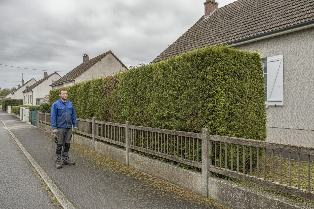 Haie de thuyas taillée droite et nette après taille à Cholet