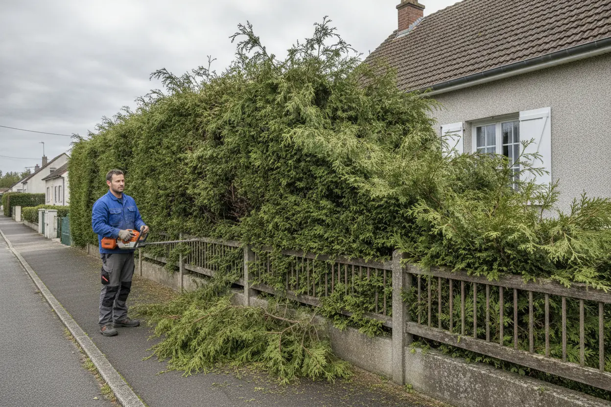 Haie de thuyas haute et débordante avant taille devant un pavillon à Cholet