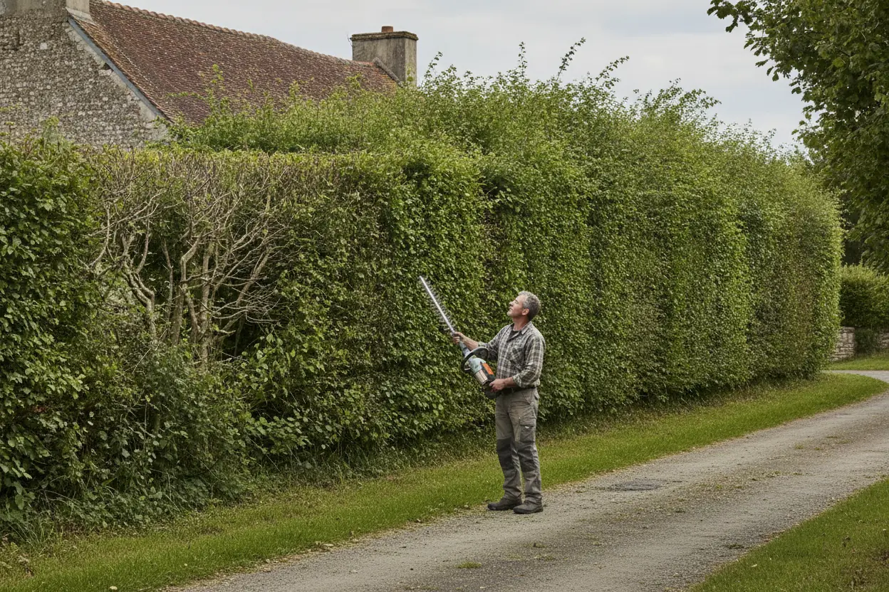 Haie champêtre envahissante en limite de propriété avant taille à La Séguinière